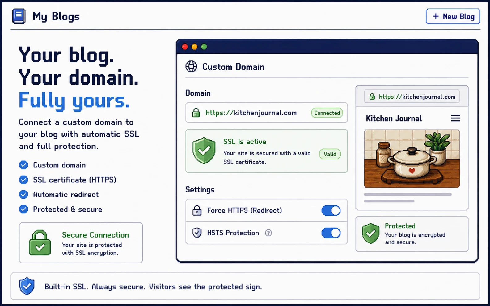 Your own domain, or a free pentokami.com subdomain