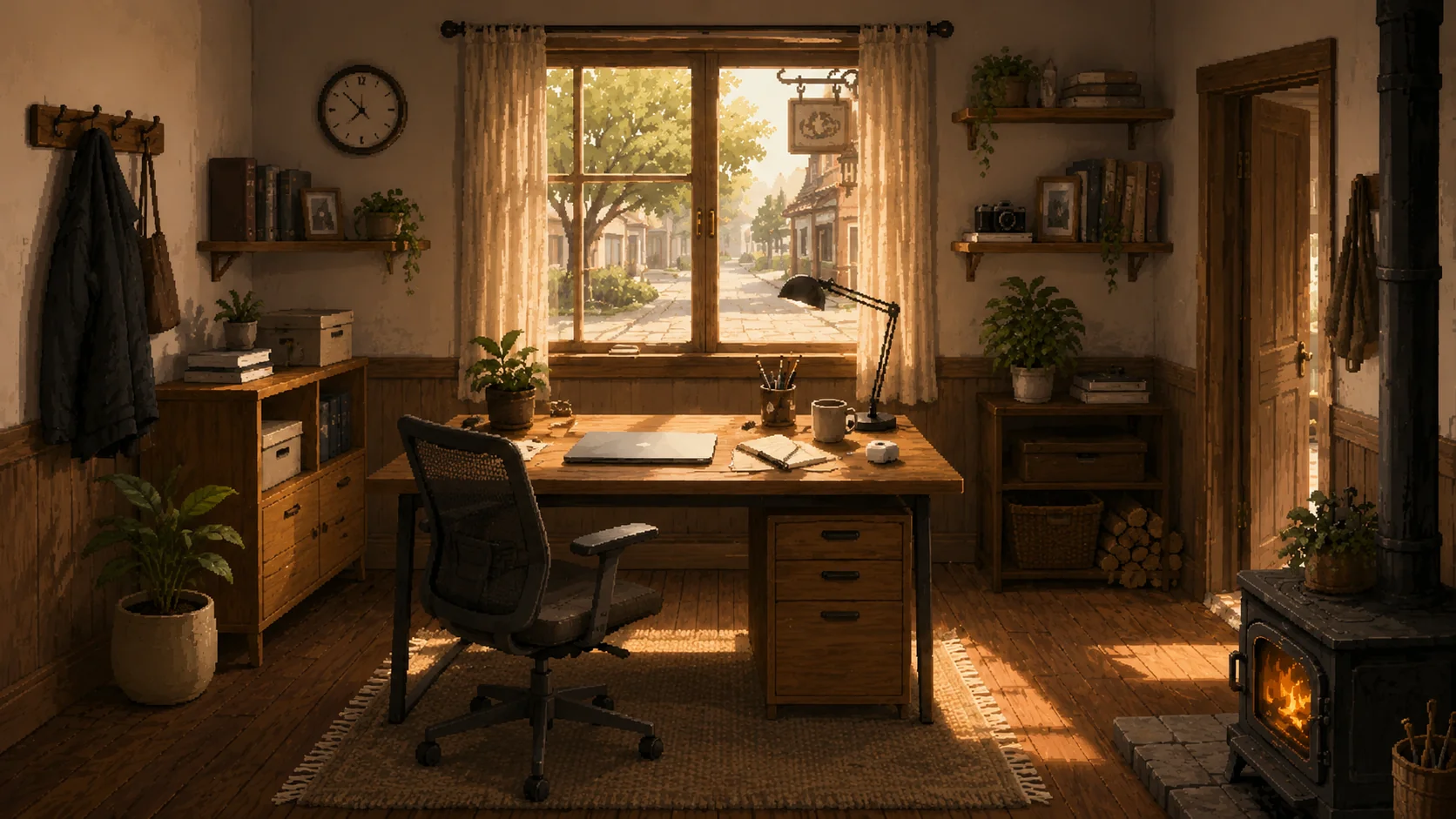 A small one-person study at morning: a wooden desk facing a window that looks out on a quiet street, a wood stove in the corner, a coat on a hook by the door, shelves with books and plants, soft warm light across the floorboards.