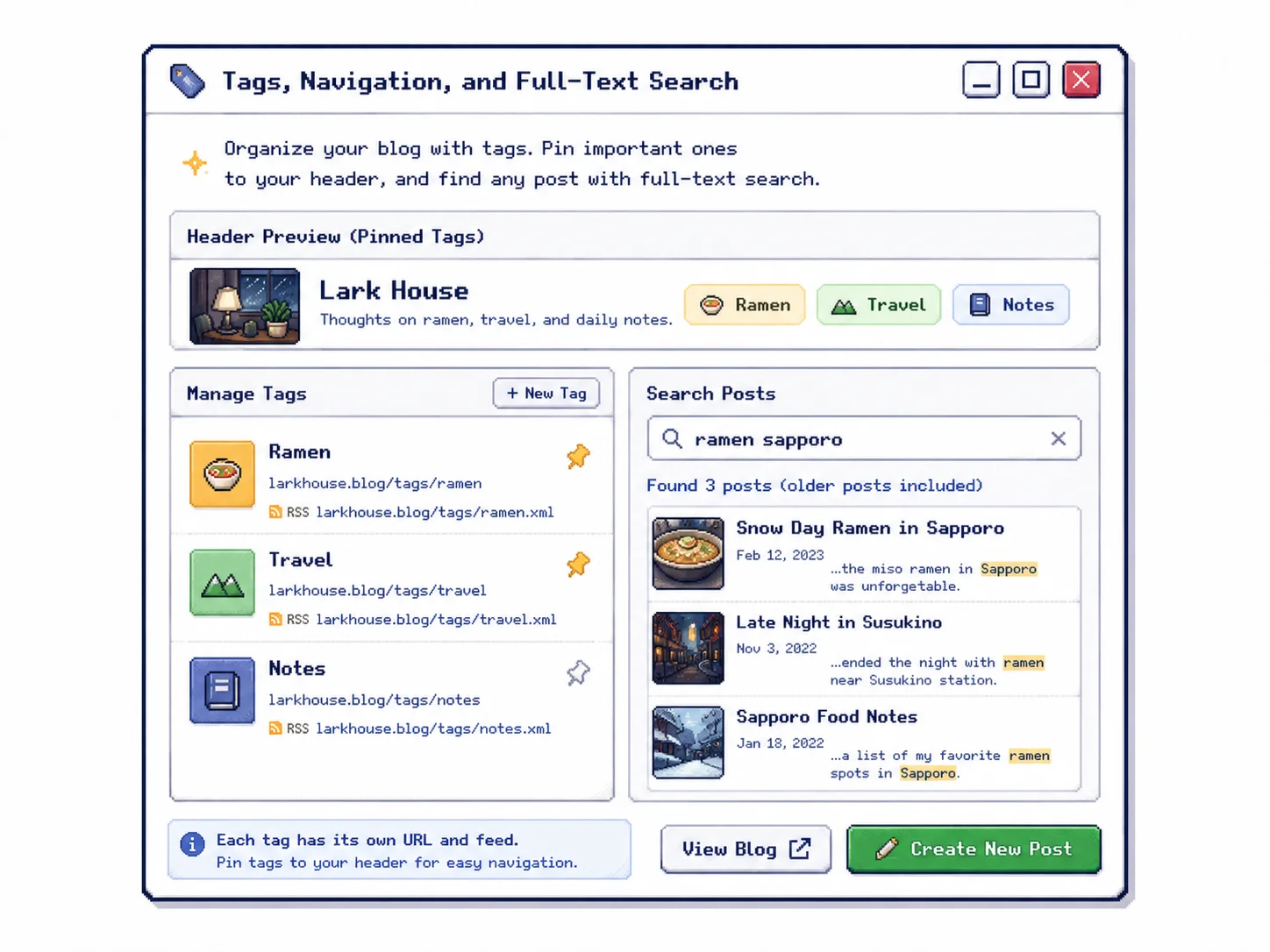 Tags, navigation, and full-text search